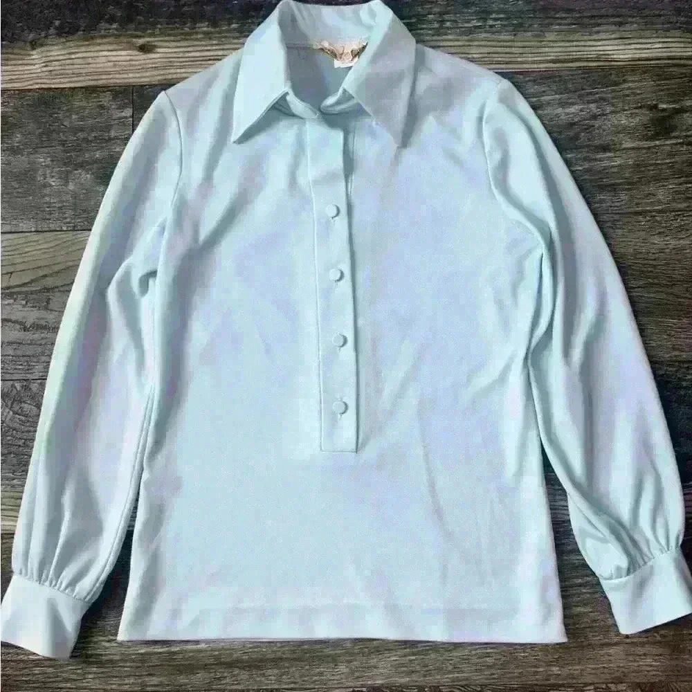 Vintage 60/70s Baby Blue Polyester Joe Frank of Houston Blouse Size 8